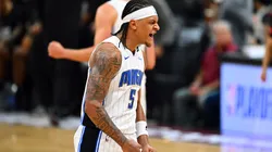 Paolo Banchero #5 of the Orlando Magic celebrates after scoring during the third quarter of game five of the Eastern Conference First Round Playoffs against the Cleveland Cavaliers at Rocket Mortgage Fieldhouse on April 30, 2024 in Cleveland, Ohio. The Cavaliers defeated the Magic 104-103.