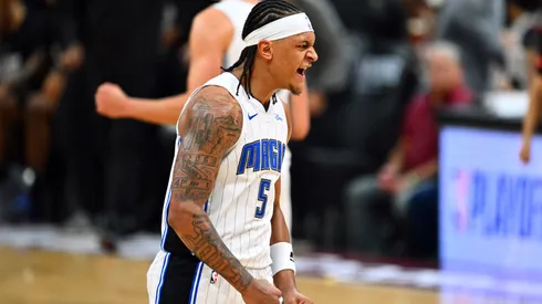 Paolo Banchero #5 of the Orlando Magic celebrates after scoring during the third quarter of game five of the Eastern Conference First Round Playoffs against the Cleveland Cavaliers at Rocket Mortgage Fieldhouse on April 30, 2024 in Cleveland, Ohio. The Cavaliers defeated the Magic 104-103.