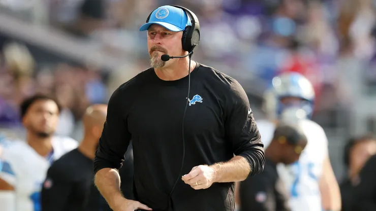 Head coach Dan Campbell of the Detroit Lions looks on in the first quarter of a game against the Minnesota Vikings at U.S. Bank Stadium on October 20, 2024 in Minneapolis, Minnesota. (Photo by David Berding/Getty Images)