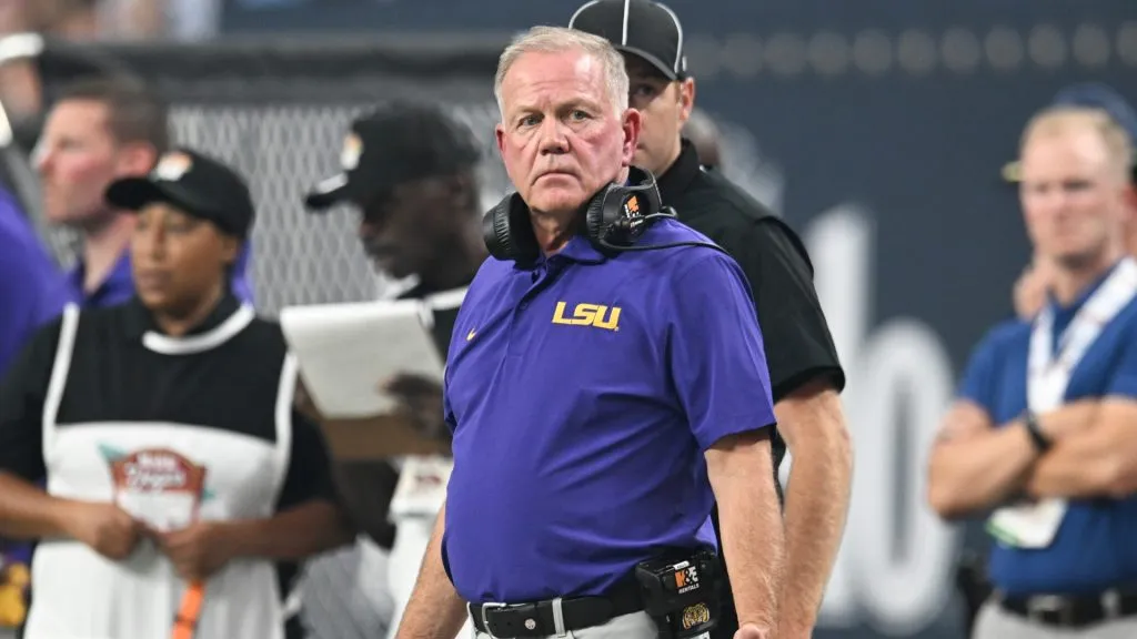 Head coach Brian Kelly of the LSU Tigers looks down the field in the second quarter of the Vegas Kickoff Classic against the USC Trojans at Allegiant Stadium on September 01, 2024 in Las Vegas, Nevada. The Trojans defeated the Tigers 27-20.