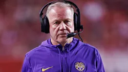 Head Coach Brian Kelly of the LSU Tigers on the sidelines in the second half during a game against the Arkansas Razorbacks at Donald W. Reynolds Razorback Stadium on October 19, 2024 in Fayetteville, Arkansas. The Tigers defeated the Razorbacks 34-10.