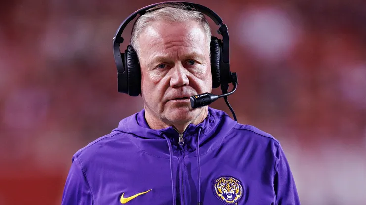 Head Coach Brian Kelly of the LSU Tigers on the sidelines in the second half during a game against the Arkansas Razorbacks at Donald W. Reynolds Razorback Stadium on October 19, 2024 in Fayetteville, Arkansas. The Tigers defeated the Razorbacks 34-10.