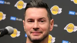 Head coach JJ Redick of the Los Angeles Lakers attends a news conference before a preseason game against the Golden State Warriors on October 15, 2024.