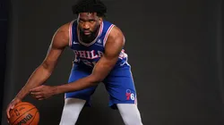 Joel Embiid #21 of the Philadelphia 76ers poses for a picture at media day at 76ers Training Complex on September 30, 2024 in Camden, New Jersey.