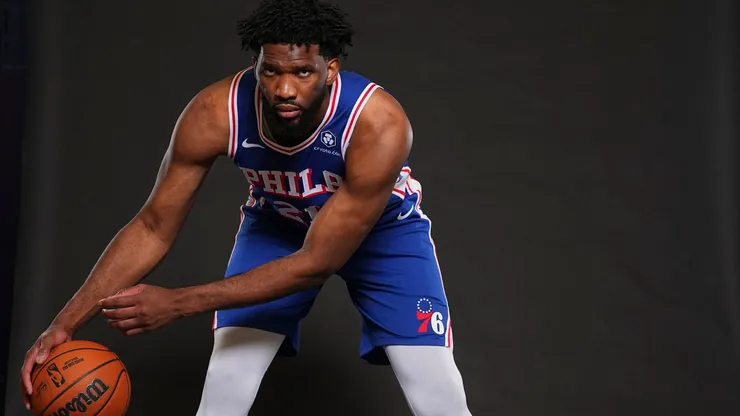 Joel Embiid #21 of the Philadelphia 76ers poses for a picture at media day at 76ers Training Complex on September 30, 2024 in Camden, New Jersey.