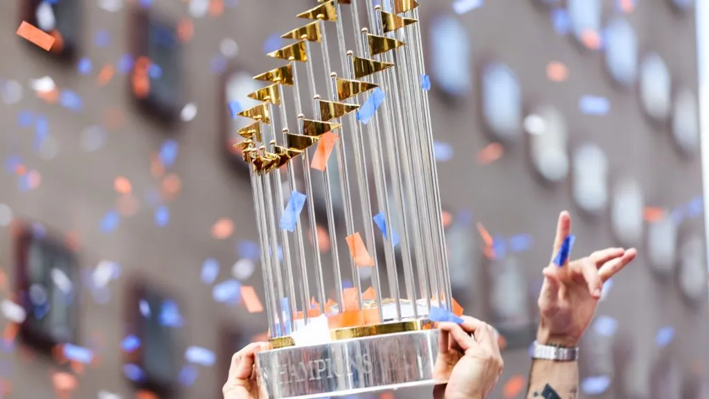 The World Series Trophy is seen during the World Series Parade on November 07, 2022 in Houston, Texas. (Photo by Carmen Mandato/Getty Images)