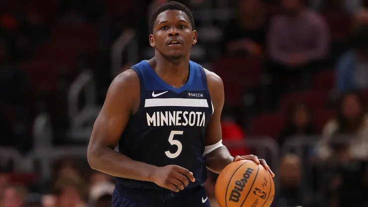 Anthony Edwards #5 of the Minnesota Timberwolves dribbles against the Chicago Bulls during the second half of a preseason game at the United Center on October 16, 2024 in Chicago, Illinois.