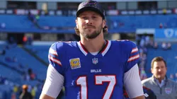 Josh Allen #17 of the Buffalo Bills celebrates after defeating the Tennessee Titans 34-10 at Highmark Stadium on October 20, 2024 in Orchard Park, New York.