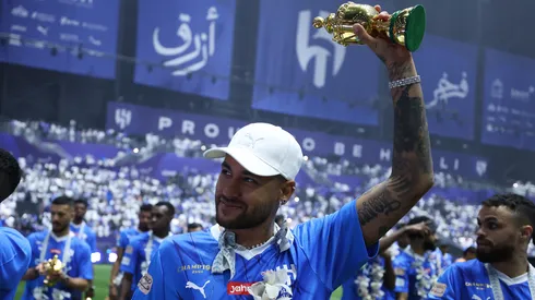 Neymar of Al Hilal celebrates during the Saudi Pro League Trophy presentation at Kingdom Arena on May 24, 2024 in Riyadh, Saudi Arabia. (Photo by Yasser Bakhsh/Getty Images)