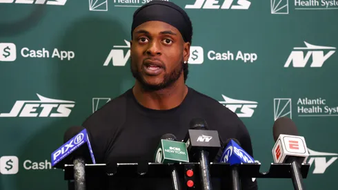 Davante Adams #17 of the New York Jets speaks to members of the media at the Atlantic Health Jets Training Center on October 16, 2024 in Florham Park, New Jersey.