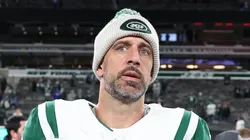 Aaron Rodgers walks on the field after the game against the Buffalo Bills at MetLife Stadium on October 14, 2024 in East Rutherford, New Jersey.