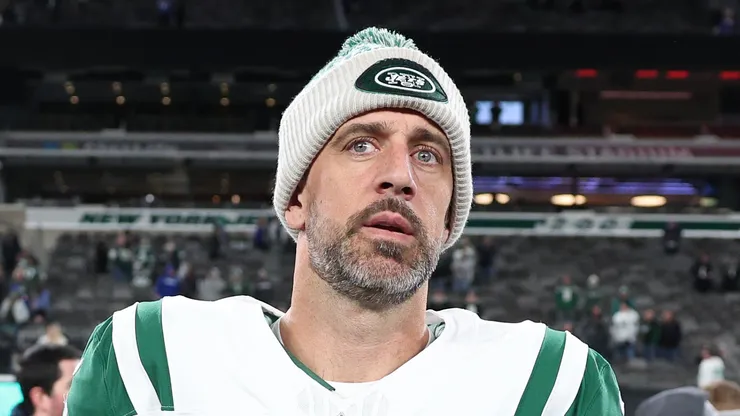 Aaron Rodgers walks on the field after the game against the Buffalo Bills at MetLife Stadium on October 14, 2024 in East Rutherford, New Jersey.