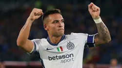 Lautaro Martinez of FC Internazionale celebrates after scoring the opening goal during the Serie A match between AS Roma and FC Internazionale