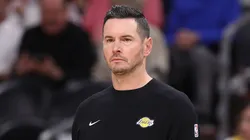 Head coach JJ Redick of the Los Angeles Lakers looks on during the first half of the preseason NBA game against the Phoenix Suns.