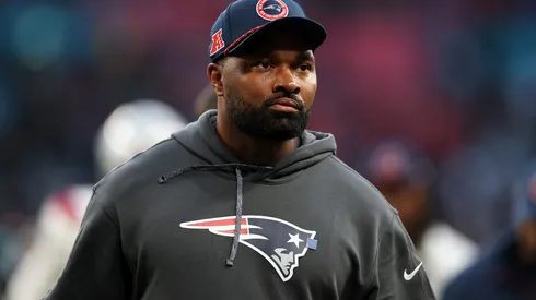 Jerod Mayo of New England Patriots looks on after the NFL match between New England Patriots and Jacksonville Jaguars at Wembley Stadium on October 20, 2024 in London, England.