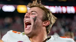 Cade Klubnik #2 of the Clemson Tigers celebrates after defeating the South Carolina Gamecocks during their game at Williams-Brice Stadium on November 25, 2023 in Columbia, South Carolina.