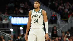 Giannis Antetokounmpo #34 of the Milwaukee Bucks walks backcourt during a preseason game against the Chicago Bulls