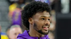 Bronny James #9 of the Los Angeles Lakers warms up before a preseason game against the Golden State Warriors at T-Mobile Arena at T-Mobile Arena on October 15, 2024 in Las Vegas, Nevada.