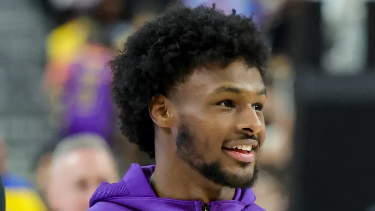 Bronny James #9 of the Los Angeles Lakers warms up before a preseason game against the Golden State Warriors at T-Mobile Arena at T-Mobile Arena on October 15, 2024 in Las Vegas, Nevada.