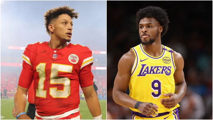 Patrick Mahomes #15 of the Kansas City Chiefs reacts after a 26-13 victory against the New Orleans Saints at GEHA Field at Arrowhead Stadium on October 07, 2024 in Kansas City, Missouri. - Bronny James #9 of the Los Angeles Lakers reacts during the second half of the preseason NBA game against the Phoenix Suns at Footprint Center on October 17, 2024 in Phoenix, Arizona.