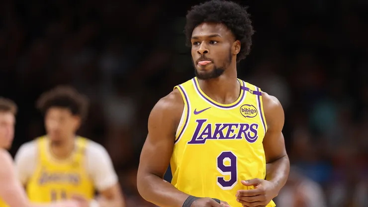 Bronny James #9 of the Los Angeles Lakers reacts during the second half of the preseason NBA game against the Phoenix Suns