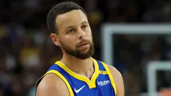 Stephen Curry #30 of the Golden State Warriors stands on the court during a break in the fourth quarter of a preseason game against the Los Angeles Lakers at T-Mobile Arena at T-Mobile Arena on October 15, 2024 in Las Vegas, Nevada. The Warriors defeated the Lakers 111-97.