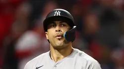 Giancarlo Stanton #27 of the New York Yankees reacts after a strikeout in the fourth inning against the Cleveland Guardians during Game Four of the American League Championship Series at Progressive Field on October 18, 2024 in Cleveland, Ohio.