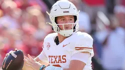 Quinn Ewers #3 of the Texas Longhorns throws the ball during the second quarter against the Oklahoma Sooners at Cotton Bowl Stadium on October 12, 2024 in Dallas, Texas