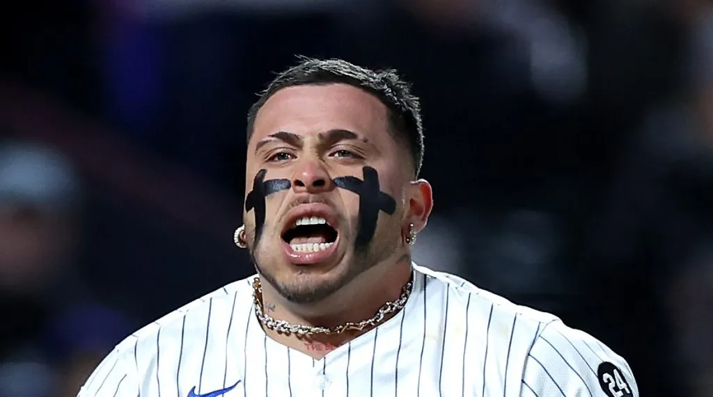 NEW YORK, NEW YORK – OCTOBER 17: Francisco Alvarez #4 of the New York Mets is hit by a pitch during the fifth inning against the Los Angeles Dodgers during Game Four of the National League Championship Series at Citi Field on October 17, 2024 in New York City. (Photo by Luke Hales/Getty Images)