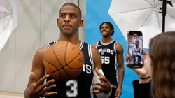 Chris Paul #3 of the San Antonio Spurs poses for a video as Harrison Ingram #55 is photographed at the San Antonio Spurs Media Day at the Victory Capital Performance Center on September 30, 2024 in San Antonio, Texas.