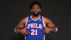 Joel Embiid #21 of the Philadelphia 76ers poses for a picture at media day at 76ers Training Complex on September 30, 2024 in Camden, New Jersey. NOTE TO USER: User expressly acknowledges and agrees that, by downloading and or using this photograph, User is consenting to the terms and conditions of the Getty Images License Agreement. (Photo by Mitchell Leff/Getty Images)
