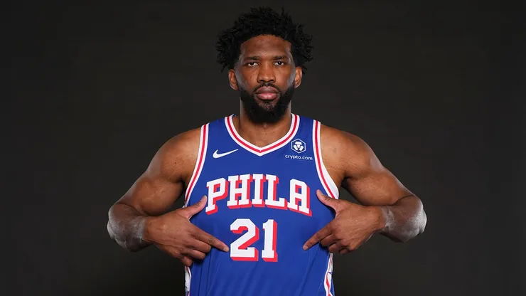 Joel Embiid #21 of the Philadelphia 76ers poses for a picture at media day at 76ers Training Complex on September 30, 2024 in Camden, New Jersey. NOTE TO USER: User expressly acknowledges and agrees that, by downloading and or using this photograph, User is consenting to the terms and conditions of the Getty Images License Agreement. (Photo by Mitchell Leff/Getty Images)