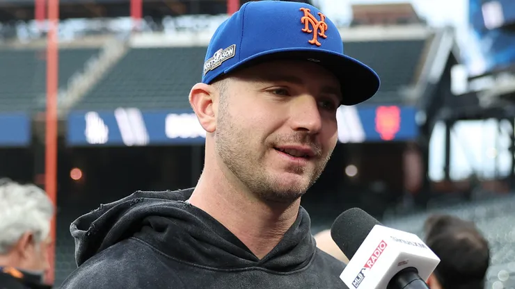 Pete Alonso #20 of the New York Mets speaks to the media prior to Game Four of the National League Championship Series against the Los Angeles Dodgers at Citi Field on October 17, 2024 in New York City.