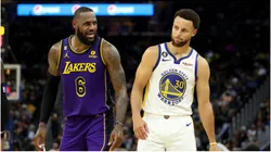 LeBron James of the Los Angeles Lakers speaks to Stephen Curry of the Golden State Warriors