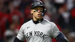 Aaron Judge #99 of the New York Yankees reacts after striking out during the sixth inning against the Cleveland Guardians during Game Three of the American League Championship Series at Progressive Field on October 17, 2024 in Cleveland, Ohio.
