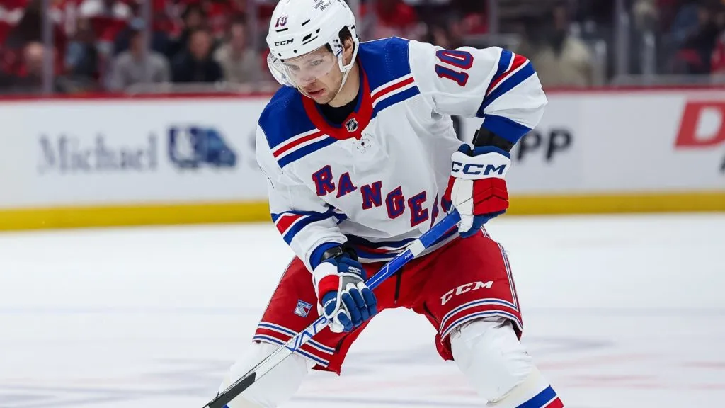 Artemi Panarin #10 of the New York Rangers skates with the puck against the Washington Capitals during the third period in Game Four of the First Round of the 2024 Stanley Cup Playoffs at Capital One Arena on April 28, 2024 in Washington, DC. (Photo by Scott Taetsch/Getty Images)