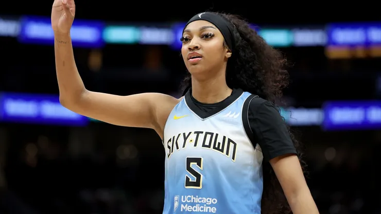 Angel Reese #5 of the Chicago Sky looks on during the game against the Seattle Storm