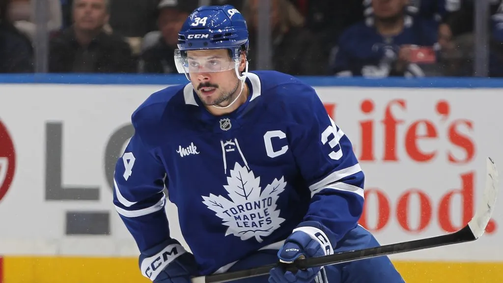 Auston Matthews #34 of the Toronto Maple Leafs skates against the Los Angeles Kings during the 3rd period in an NHL game on October 16, 2024 in Toronto, Ontario, Canada. The Maple Leafs defeated the Kings 6-2.