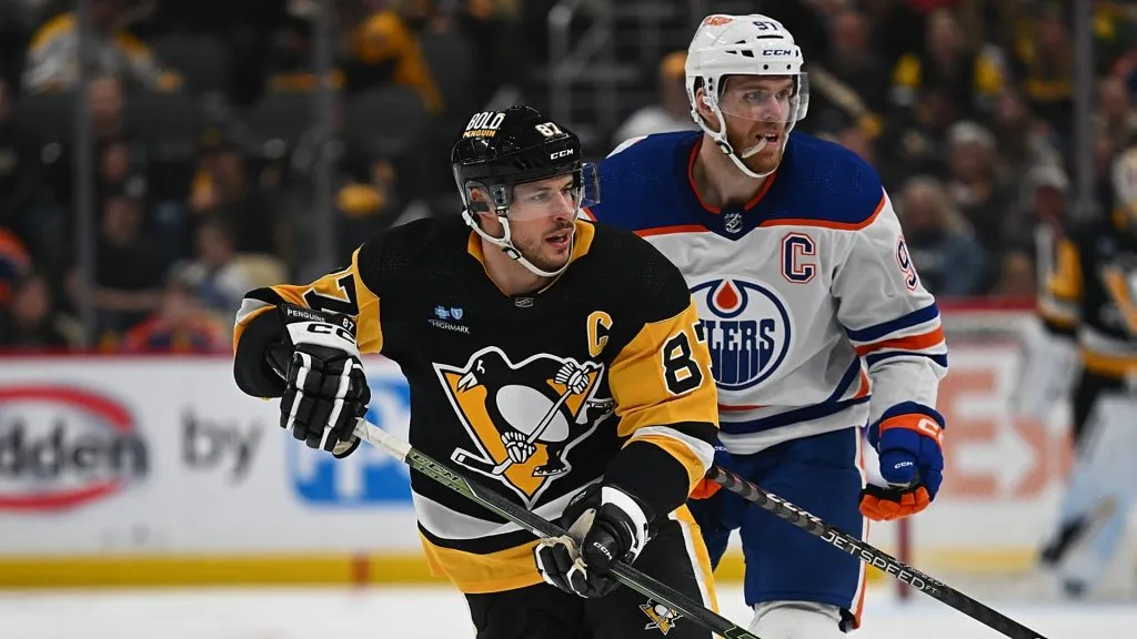 Sidney Crosby #87 of the Pittsburgh Penguins skates against Connor McDavid #97 of the Edmonton Oilers in the third period during the game at PPG PAINTS Arena on March 10, 2024 in Pittsburgh, Pennsylvania. (Photo by Justin Berl/Getty Images)