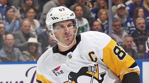 Sidney Crosby #87 of the Pittsburgh Penguins skates against the Toronto Maple Leafs during the 1st period in an NHL game at Scotiabank Arena in Toronto, Ontario, Canada on October 12, 2024.The Maple Leafs defeated the Penguins 4-2.