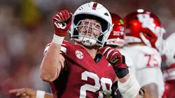 Linebacker Danny Stutsman #28 of the Oklahoma Sooners does a little dance after stopping running back Stacy Sneed #21 of the Houston Cougars with a one-yard gain on third-and-23 in the third quarter at Gaylord Family Oklahoma Memorial Stadium on September 7, 2024 in Norman, Oklahoma. Oklahoma won 16-12.