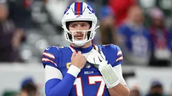 Josh Allen #17 of the Buffalo Bills warms up prior to the game against the New York Jets at MetLife Stadium on October 14, 2024 in East Rutherford, New Jersey.