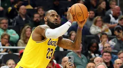 LeBron James #23 of the Los Angeles Lakers takes a shot during a preseason game against the Milwaukee Bucks at Fiserv Forum on October 10, 2024 in Milwaukee, Wisconsin.