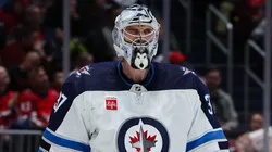 Connor Hellebuyck #37 of the Winnipeg Jets tends net against the Washington Capitals during the second period of the game at Capital One Arena on March 24, 2024 in Washington, DC. (Photo by Scott Taetsch/Getty Images)