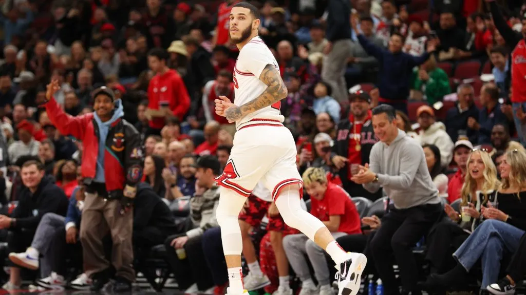 Lonzo Ball #2 of the Chicago Bulls reacts after making a three pointer against the Minnesota Timberwolves during the first half of a preseason game at the United Center on October 16, 2024 in Chicago, Illinois. (Photo by Michael Reaves/Getty Images)
