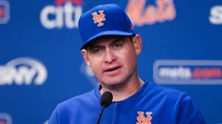 New York Manager Carlos Mendoza of the New York Mets speaks during a press conference before the game against the New York Yankees.