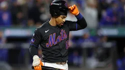 Francisco Lindor #12 of the New York Mets reacts after striking out in the second inning against the Los Angeles Dodgers during Game Three of the National League Championship Series at Citi Field on October 16, 2024 in New York City. (Photo by Sarah Stier/Getty Images)