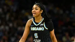 Angel Reese #5 of the Chicago Sky reacts after scoring in the first half against the Indiana Fever