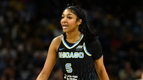 Angel Reese #5 of the Chicago Sky reacts after scoring in the first half against the Indiana Fever