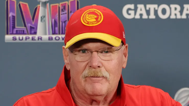 Head coach Andy Reid of the Kansas City Chiefs speaks with the media after the Kansas City Chiefs defeated the San Francisco 49ers 25-22 in overtime during Super Bowl LVIII at Allegiant Stadium on February 11, 2024 in Las Vegas, Nevada.